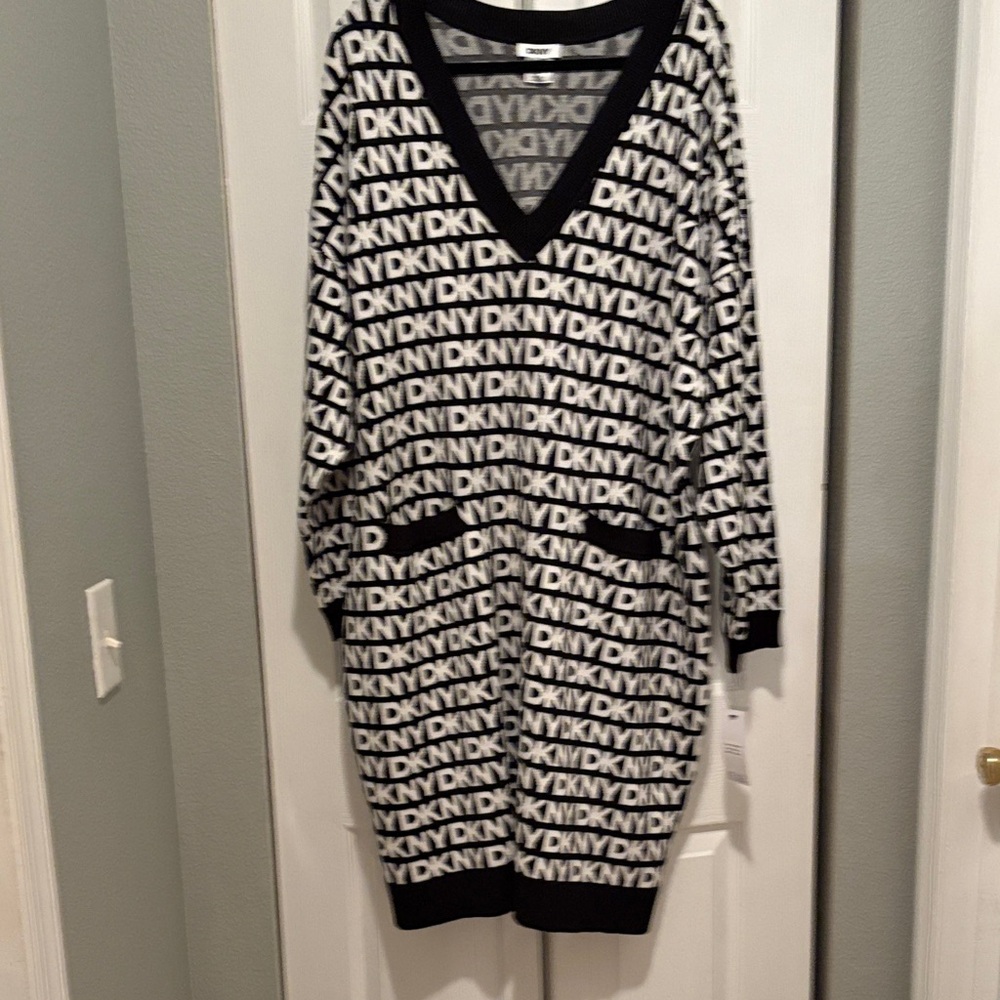 DKNY Black and White Logo Midi Dress